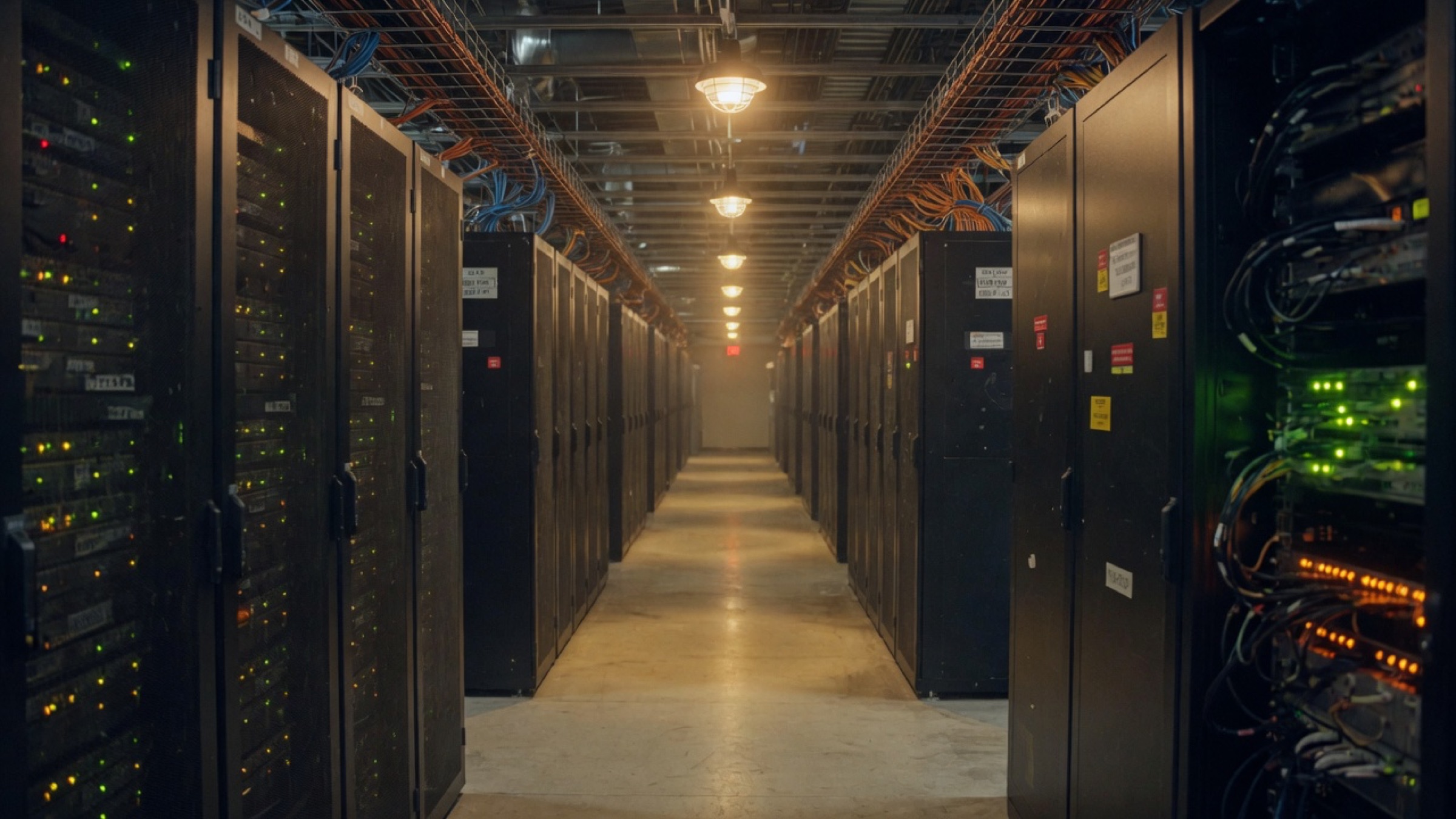 A sodium lit data center aisle at night