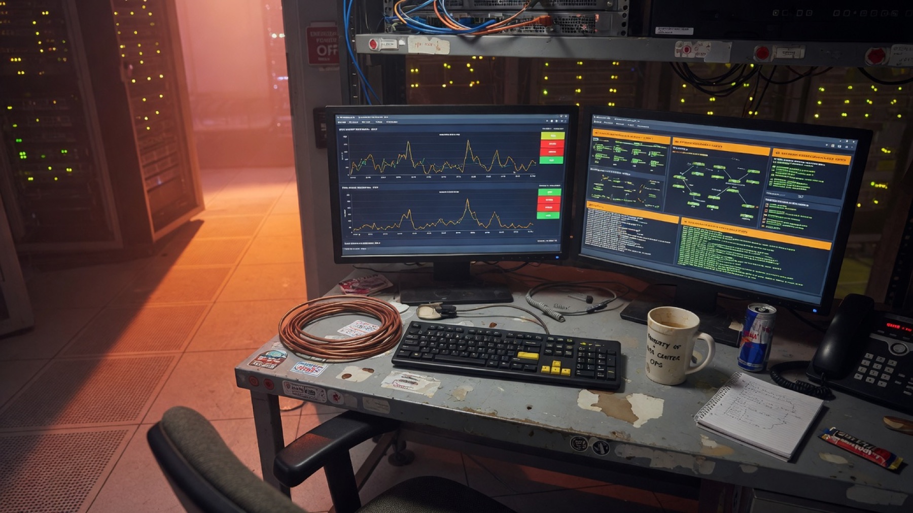 A night shift operations desk in a data center